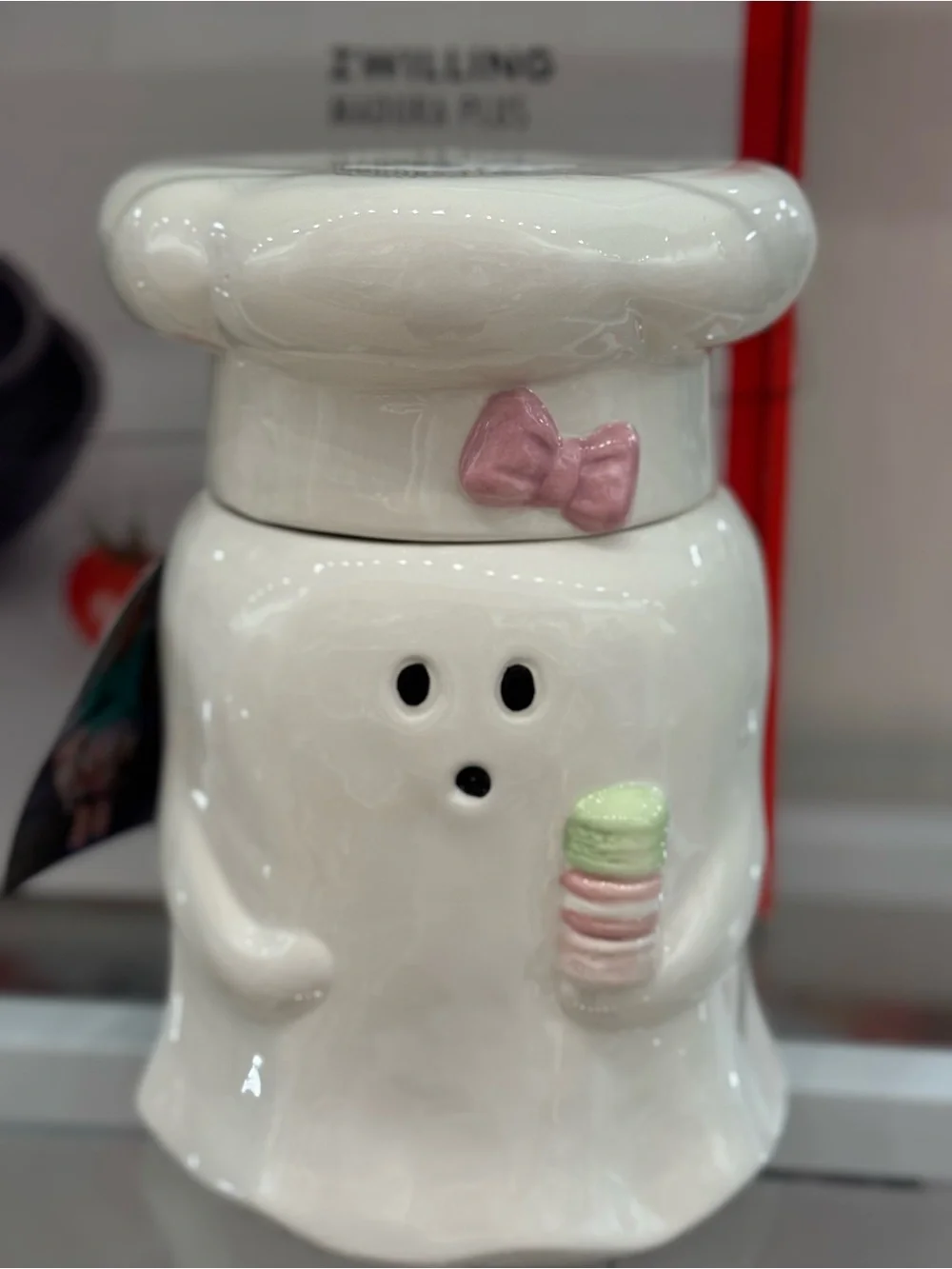Ceramic Ghost Macaron Holder - White with Pink Bow